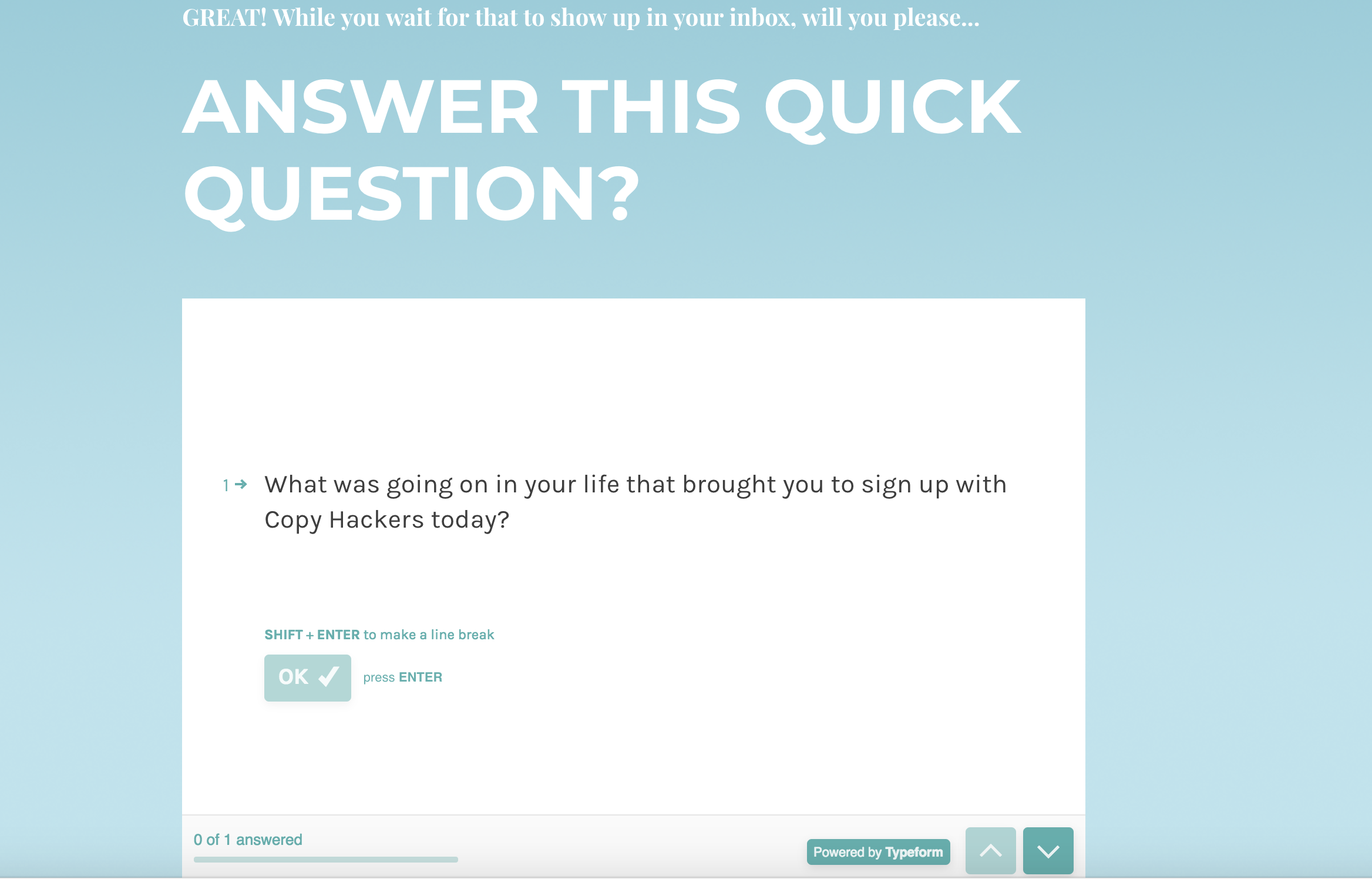 Copy Hacker's thank you page featuring a typeform for personalization questions