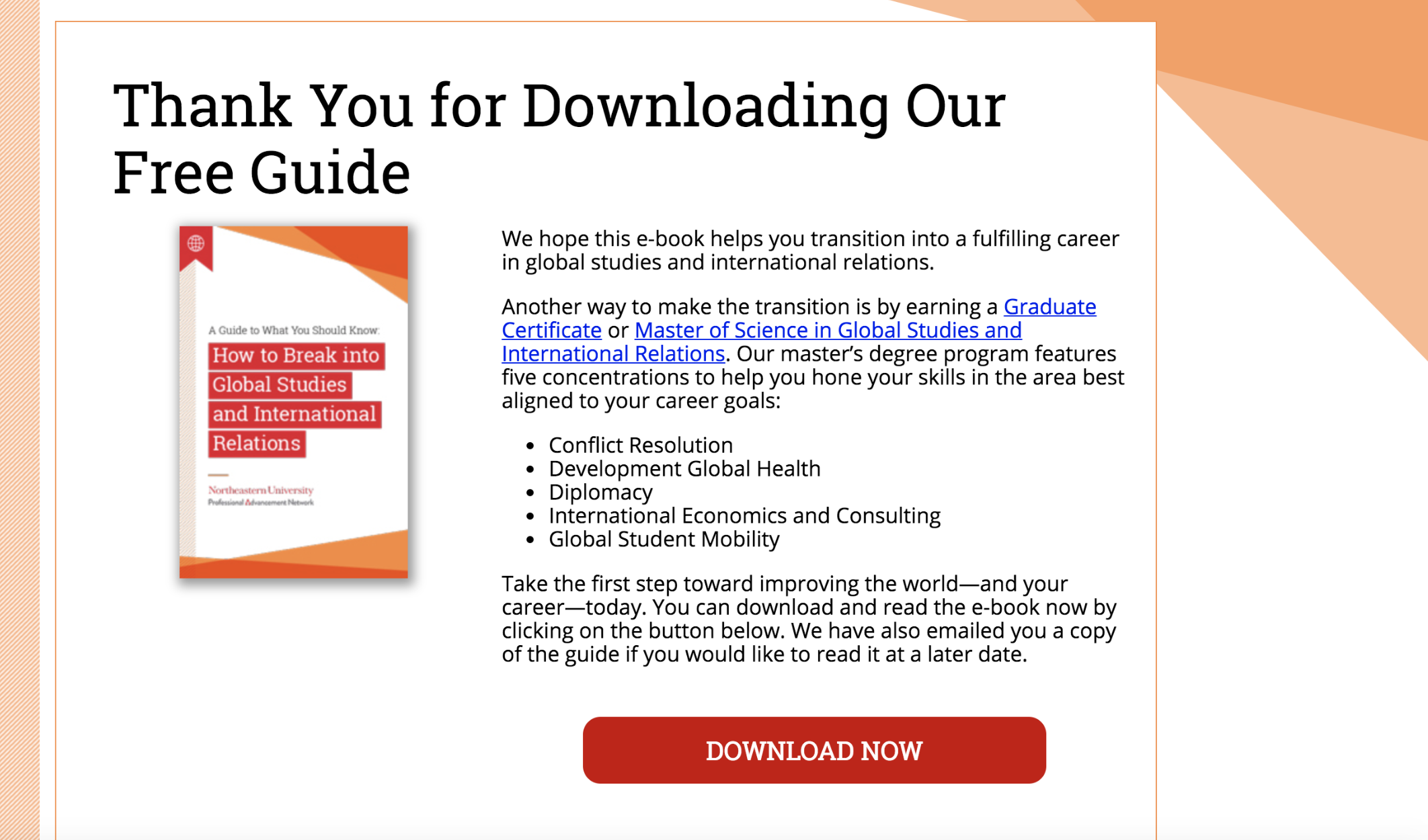 A Thank You page by Northeastern University offering a free guide in the form of gated content