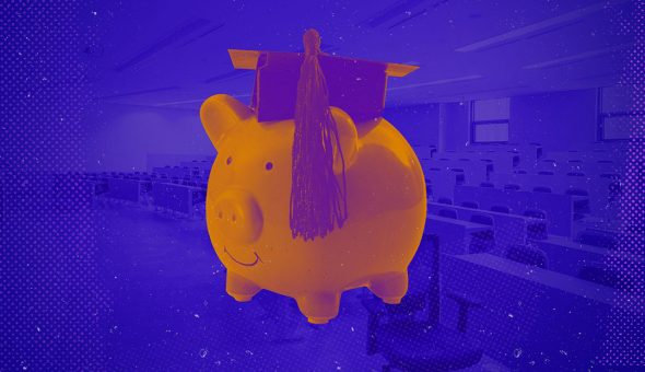 Graphic design image of a piggy bank wearing a mortarboard.