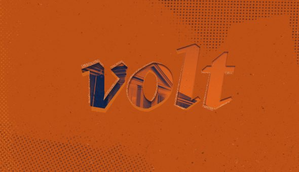 Graphic design with orange background behind the word Volt.