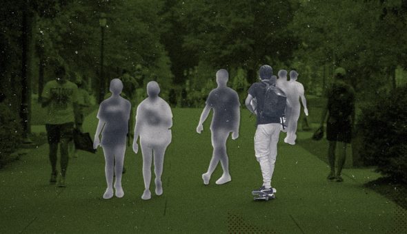 A graphic design showing students walking on a college campus, several of whom are outlined as if they are missing from the image.