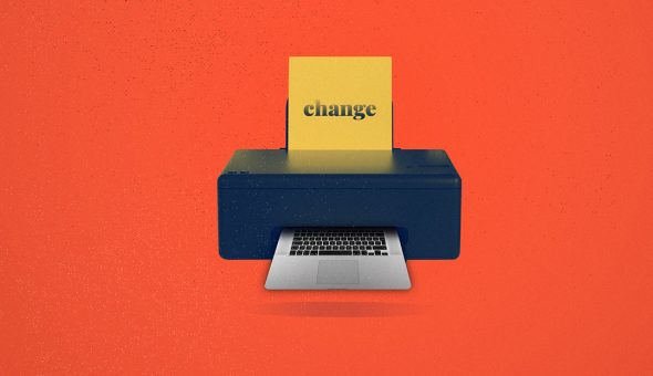 A graphic design of a printer with the word 'change' printing out a laptop keyboard.