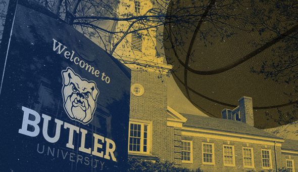 Graphic design of Butler University's bulldog logo with a campus building and a giant basketball floating in the air in the background.