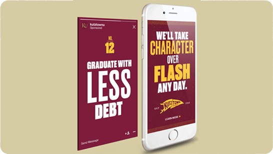 Image of two digital ads for Kutztown University about affordability and character.
