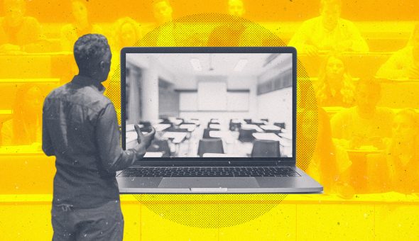 Graphic design of a man looking at a laptop image of an empty classroom