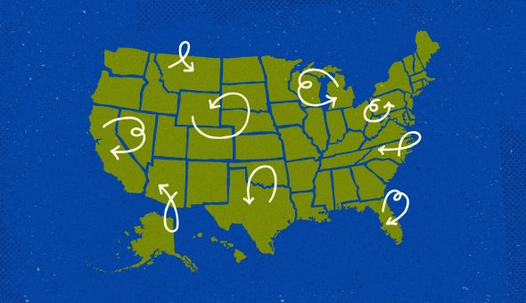 A stylized map of the U.S. showing arrows leaving and then circling back to their starting points in various states across the country.