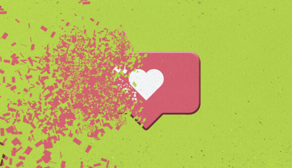 Graphic design of a white heart in a red dialogue/social media like box disintegrating against a green background.