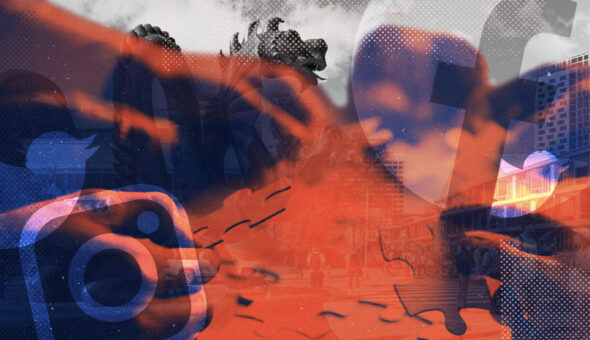 Graphic design of a dragon statue in the background with images of hands building a puzzle and social media company icons in the foreground