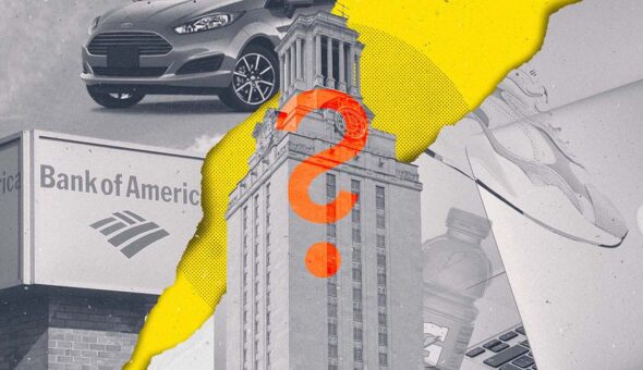 A graphic design of a higher ed building with images of an car, a bank sign, a sneaker, a laptop, and a Gatorade bottle in the background, overlaid with a question mark.