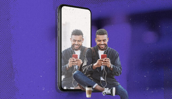 Graphic design of a man looking at a smartphone, with a distorted mirror image beside him, all against a purple background.