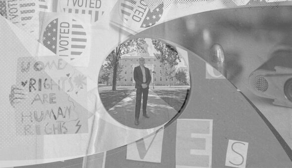 Image of a man in a suit surrounded by media and campaign buttons and a gun.