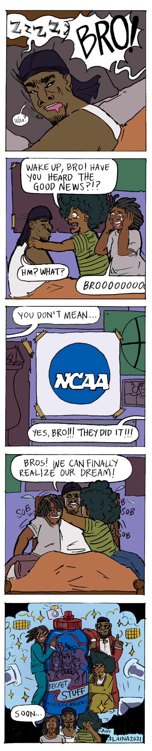 A cartoon about 3 college athletes who are now legally allowed to market their names, images, and likenesses to promote their own sports beverage.