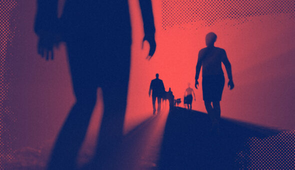 A graphic design of people in blue silhouettes walking toward a vague red light.