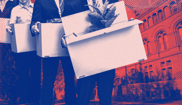 Graphic design of people holding boxes full of office belongings standing in front of an old stone building.