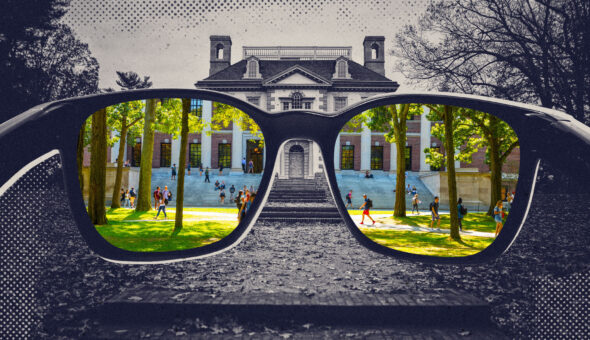 An image of a college campus in black and white that looks barren, with an image of glasses overlaid on top of that image and inside the glass lenses everything is colorful and vibrant.