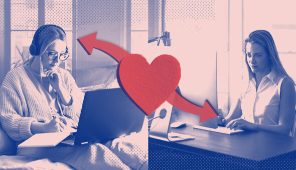 Split image of a woman working at home in a cozy sweater on her laptop, connected by a heart with arrows to another split image of the same woman dressed up working at a desk in an office.