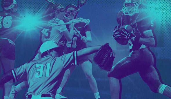 A graphic design collage of a baseball player, two lacrosse players and a football player.