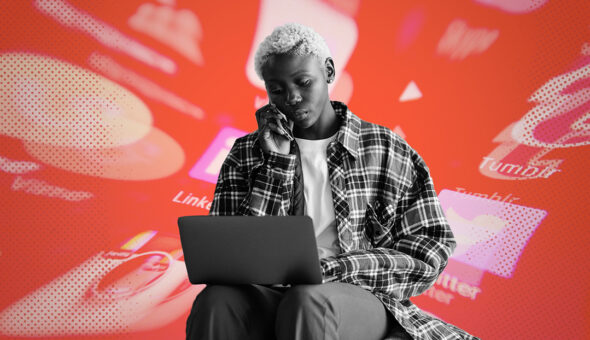 Graphic design of a person with dark skin and light hair in a flannel shirt working on a laptop and talking on a phone, with images in the background from various social media platforms.