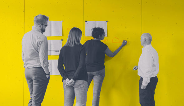 Graphic design of four people against a yellow background; they are writing in red ink, brainstorming ideas on the yellow wall/background.