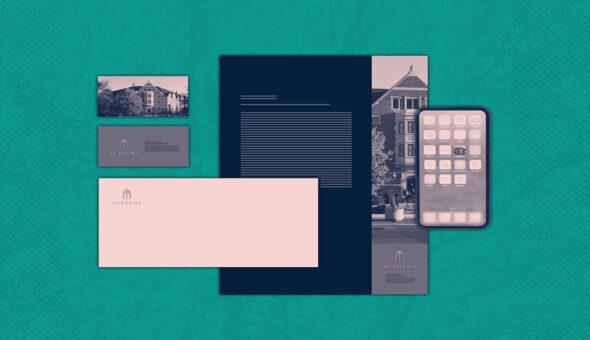 A graphic design showing a brand logo with the word 'academy' and the same image of a college building, each recurring in different representations in a brochure, an email, a card, and on a mobile device; all of these images are set against a textured green background.