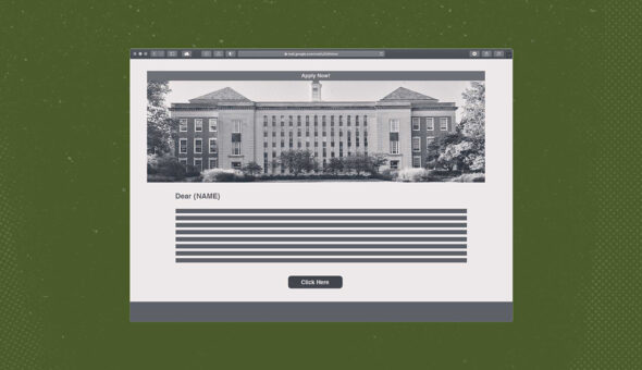Graphic design showing a college building in above an email that says 'Dear {Name}' and the text of the email is redacted. That image is set against a green background.