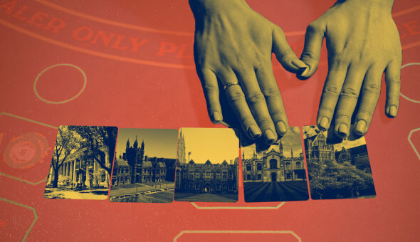 Graphic design showing a woman's hands and three card-sized pictures that all look pretty similar of college campuses and buildings. These cards are laid side by side on a craps table.