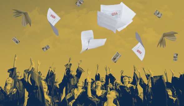 A graphic design showing college students in caps and gowns celebrating their graduations by throwing bills in the air, and the bills are stamped 'PAID.' This image is set against a yellow-gold background.