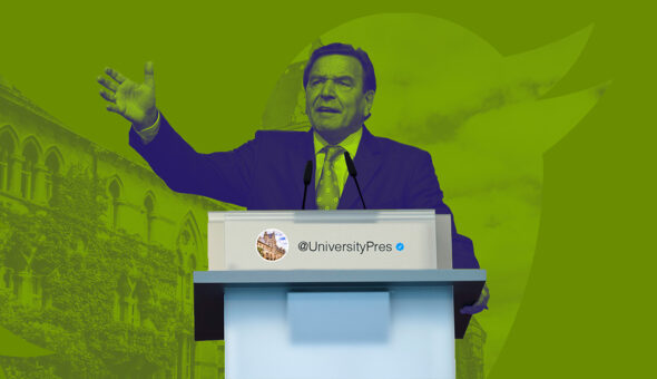 Graphic design showing a late-middle-aged white man in a suit speaking at a lectern; the lectern shows a twitter name @UniversityPres as the nameplate. This image is set against a green background with a college building and the Twitter bird logo in it.