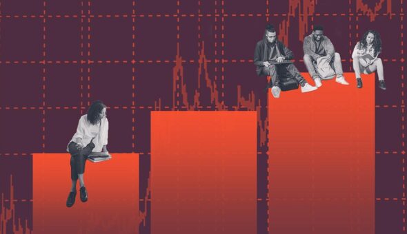 A graphic design showing students sitting atop a series of three red bars of a bar graph, and each of the bars is taller than the next, from left to right, showing an upward trajectory. In the background is a red line graph going up and down, with a trajectory is overall upward. All of this is set on a background that shows a dotted red grid against a purple-black background.