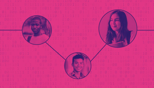 A graphic design showing the headshots of three college-aged students, connected by lines against a pink background of 1s and 0s written in blue digital-style font.