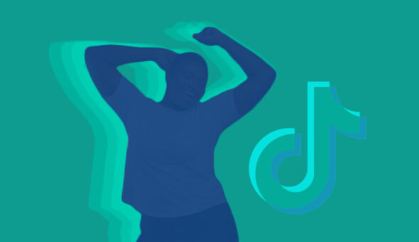 Graphic design showing a woman's silhouette dancing against a teal background with the logo of social media app TikTok next to it her.