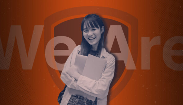 Graphic design showing a woman with black hair to her shoulders and smiling, holding a laptop and book in her arms in front of an orange background with the words 'We Are' behind her.