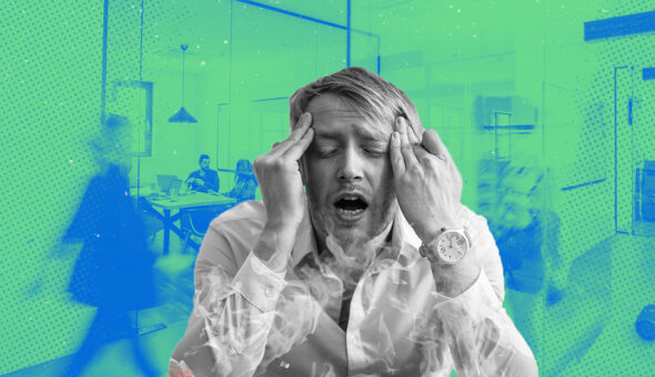 Graphic design with an image of a man with light skin and light hair making a pained espression, with his eyes closed and rubbing his temples. Flames are shooting up around him and in the background is an office overlaid in blue and green hues.