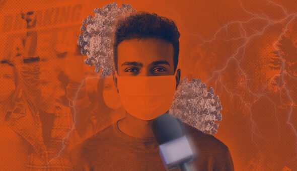 Graphic design of a person with short dark hair wearing a mask standing with a microphone in front of them against a background of protesters, viruses, and natural disasters.