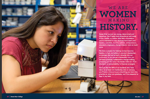Image of a female college student with dark hair working on a scientific device, with the tagline 'We Are Women Making History'