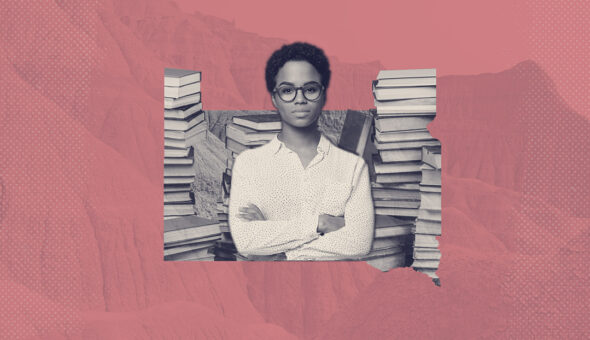Graphic design of a woman with dark skin and short dark hair wearing glasses, standing with her arms crossed in front of stacks of books. This image is set against a pink background.