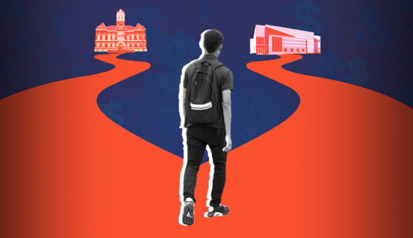 Graphic design showing a person wearing a backpack at the fork between two red roads, one leading to a college building, one to an office building, and they are starting down the path toward the office building. The path is read, the buildings are red and white, the background is blue.