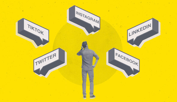 Graphic design of a man, seen from behind, looking at dialogue boxes, each with the name of one social media platform within them: TikTok, Twitter, Instagram, Facebook, and LinkedIn. This set against a yellow background with small black dots.