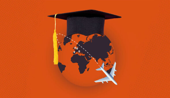 An orange picture of a globe with a black graduation cap on the top and a silver airplane flying diagonally across the globe.