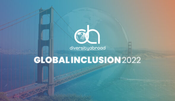 An aerial view of the Golden Gate Bridge and San Francisco overlayed with a bluish green haze and the words diversity abroad global inclusion 2022 in white.