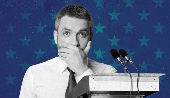 Graphic design showing a man in a shirt and tie holding his hand over his mouth as he stands behind a podium with the stars of the American flag behind him.