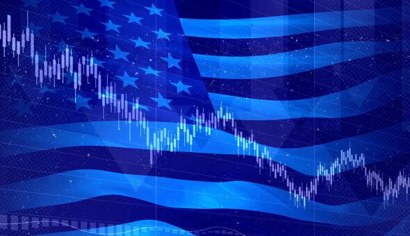 A waving American flag overlayed with blue and a graph showing a downward trend.
