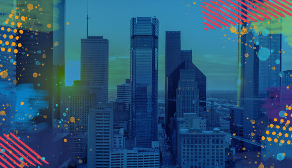 A panoramic photo of the downtown Houston skyline overlaid with a blue filter and colorful dots around the edges.