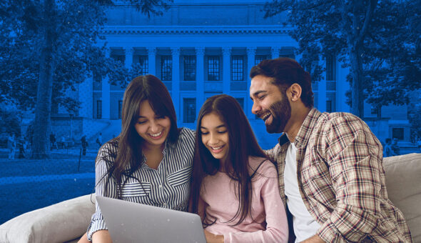 Two parents and student looking at college recruitment paperwork with a college building in the blue background.