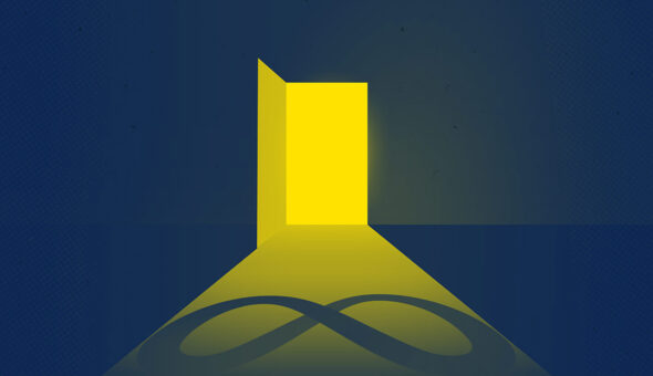 A dark blue room with a single open doorway spilling yellow light into the room, with a Meta brand icon on the floor.