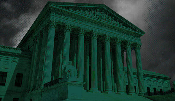 A picture looking upward at the United States Supreme Court masked in dark green, with dark clouds gathering in the sky.