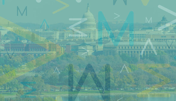 A photograph of the Washington D.C. city skyline overlayed with a light green tint and the American Marketing Association logo.