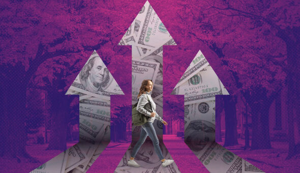 A woman walking to the right in the foreground with arrows containing dollar bills moving upward to the top of the picture.