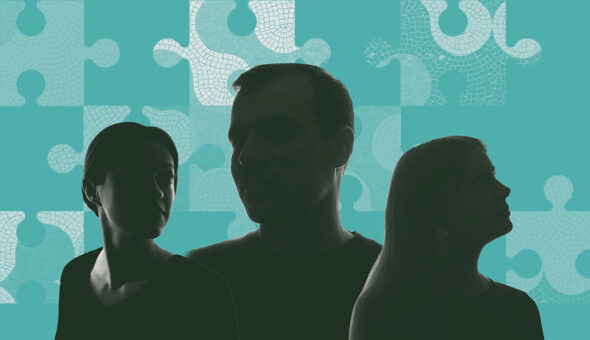 A teal background featuring puzzle pieces with two women and one man in shadow and in profile.