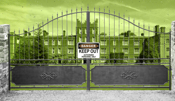 Image of close gates with a 'Danger: Keep Out' sign in front of it; behind the gate is what looks like a college campus.